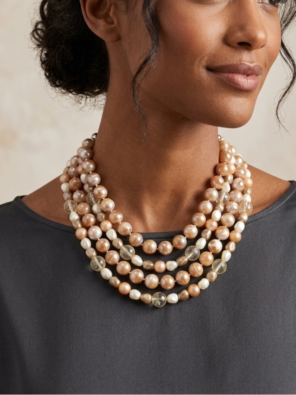 Vintage Mid-Century Four Strand Peach Tan Marbled & Cream Beaded Collar Necklace